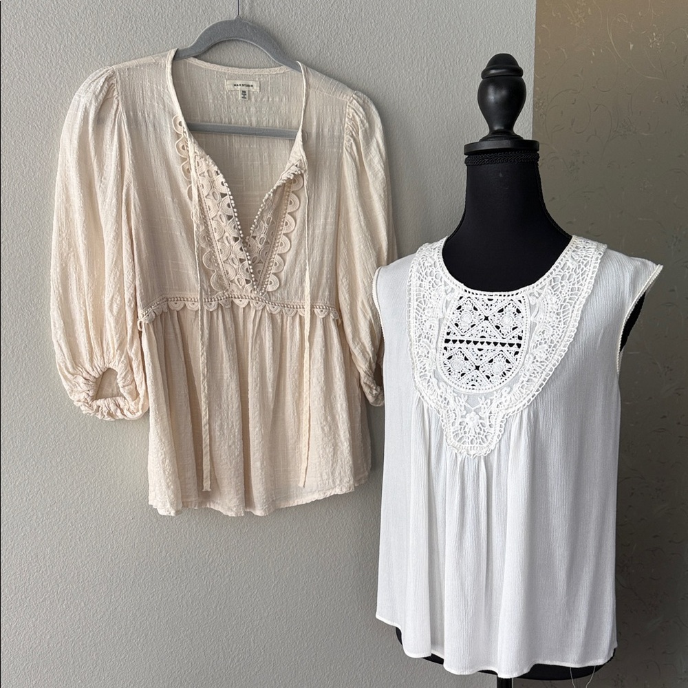 2 Boho Lace-Trim Women’s Top - Cream and white